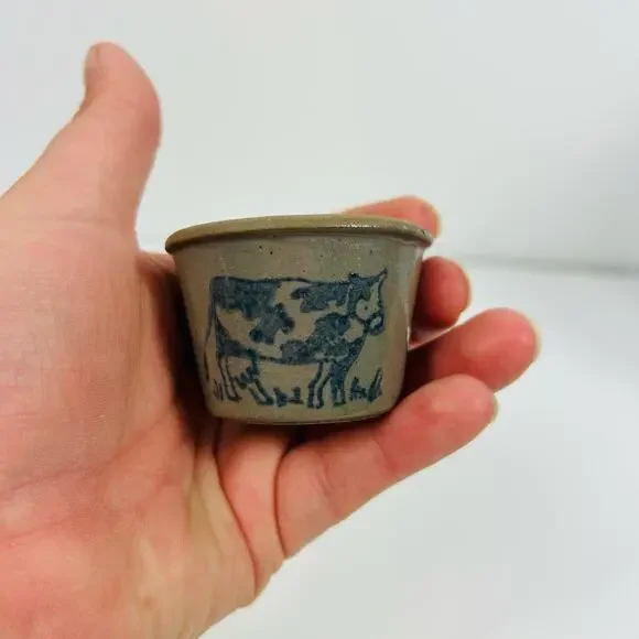 Vintage Miniature Stoneware Crocks Glazed Set of 3 Blue Basket Bear Cow - Picture 6 of 8